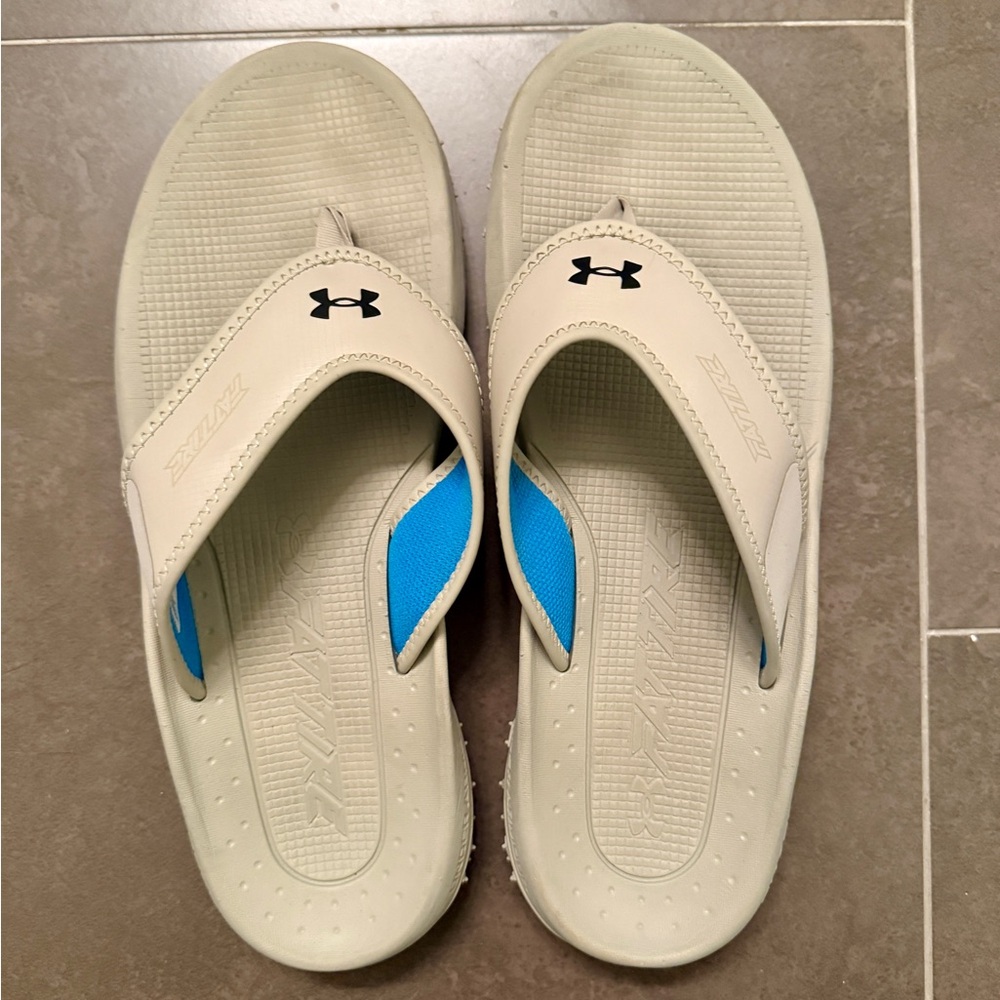 Under Armour Cream and Blue Slide Sandals
